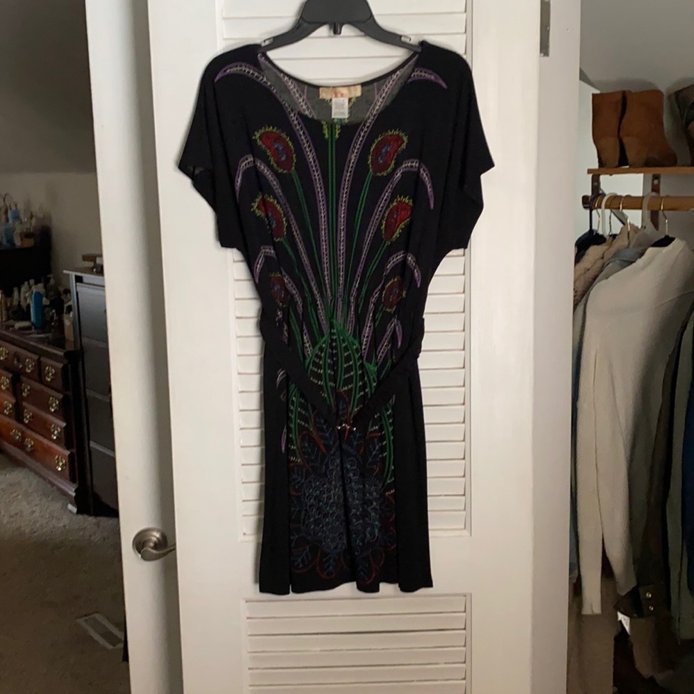 Belted Black Dress with peacock design